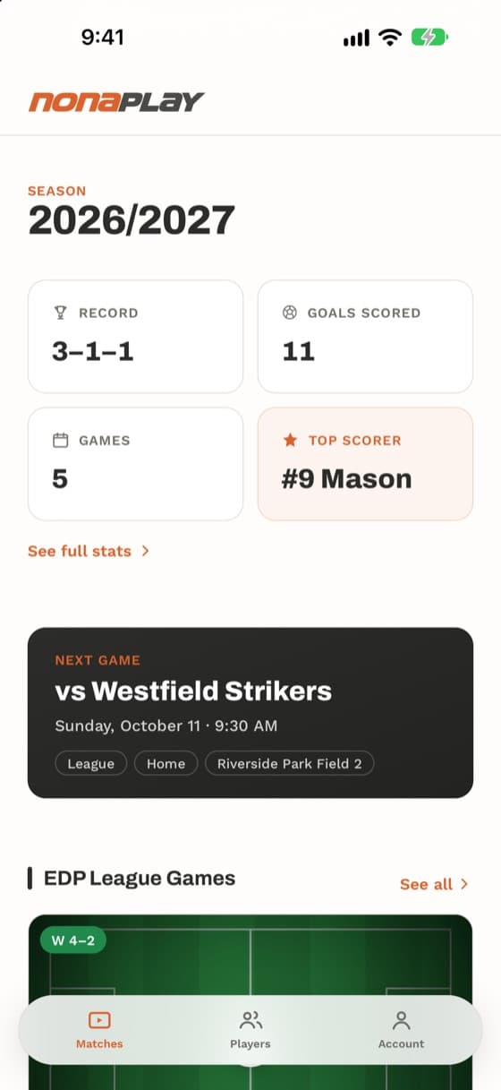NonaPlay’s home screen: the season record, the next game and the latest results
